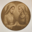Ilustración religiosa de la Visitación de la Virgen María a Santa Isabel, grabada en MDF circular con detalle tradicional plano medio