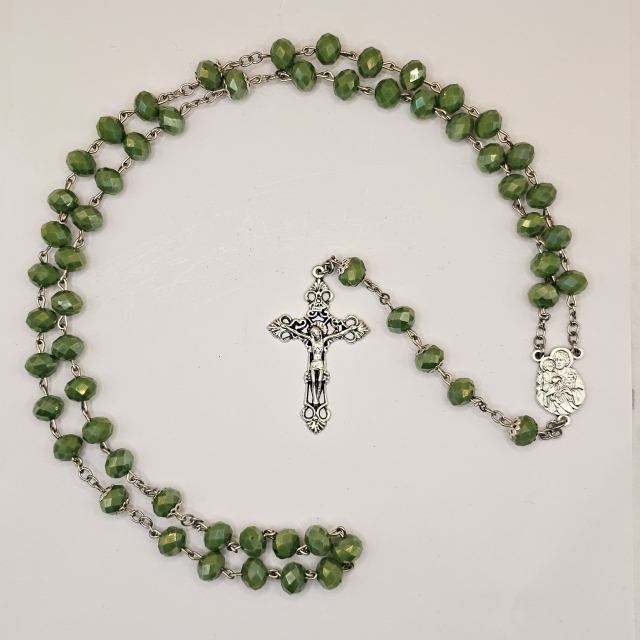 Rosario de cristal con Medalla San José y el niño Jesús y Ruega por nosotros, Crucifijo de Cristo Crucificado