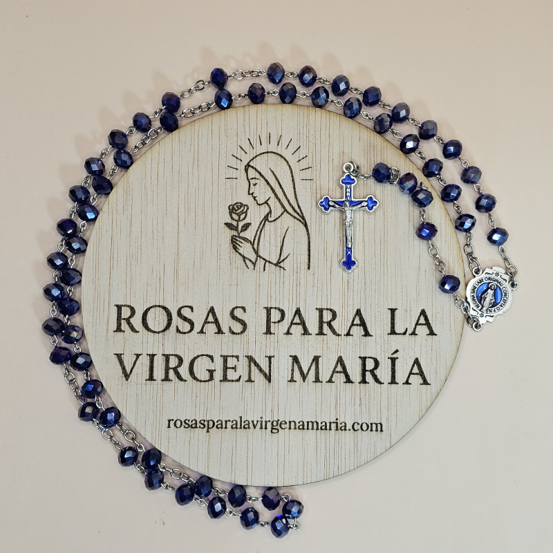 Rosario azul virgen milagrosa cuentas de cristal semi transparente con Medalla Virgen milagrosa fondo azul y Virgen milagrosa posterior, Crucifijo Cristo crucificado cruz azul