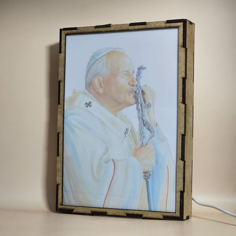 Lámpara con doble imagen  (San Juan Pablo II), vista apagada, se esconde la imágen de atras.