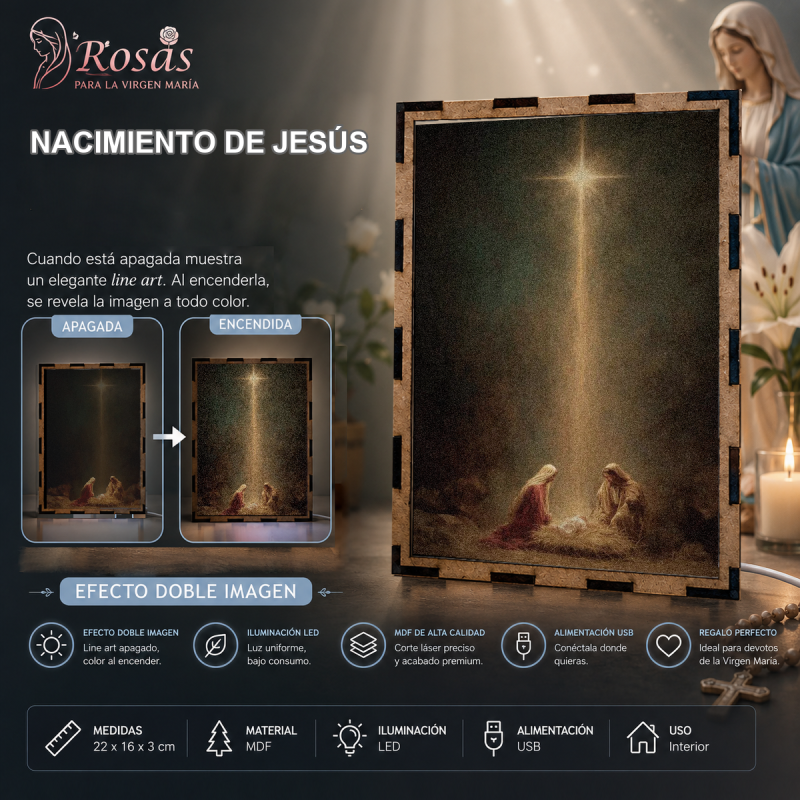 Lámpara LED del Nacimiento de Jesús con María, san José y estrella sobre el pesebre