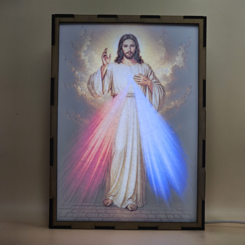 Lámpara LED de Jesús de la Divina Misericordia con rayos rojo y azul - Galeria