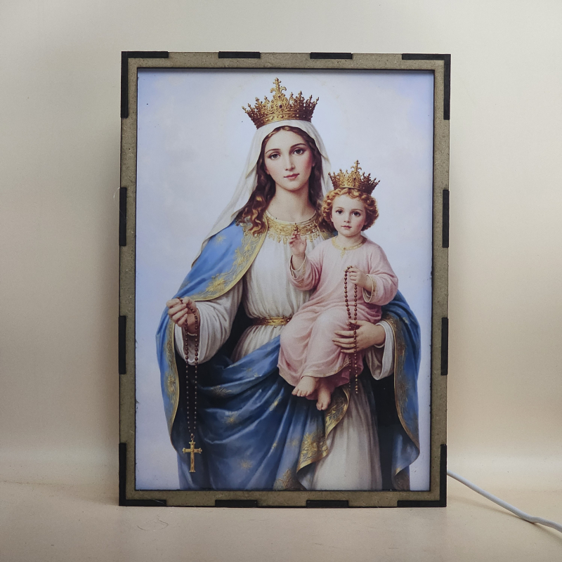 Lámpara con doble imagen  (Virgen del Rosario), vista apagada, se esconde la imágen de atras.