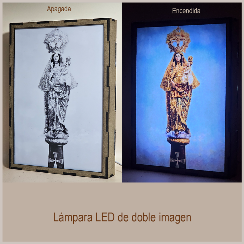Lámpara con doble imagen  (Virgen del Pilar), vista apagada y encendida, donde se revela la ilustración completa al encender la luz LED.