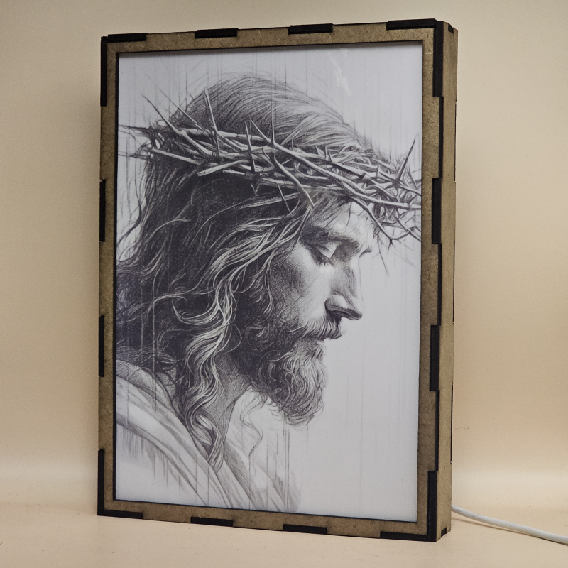 Lámpara con doble imagen el Tercer misterio doloroso La coronación de espinas (Nuestro Señor Jesucristo), vista apagada, se esconde la imágen de atras.