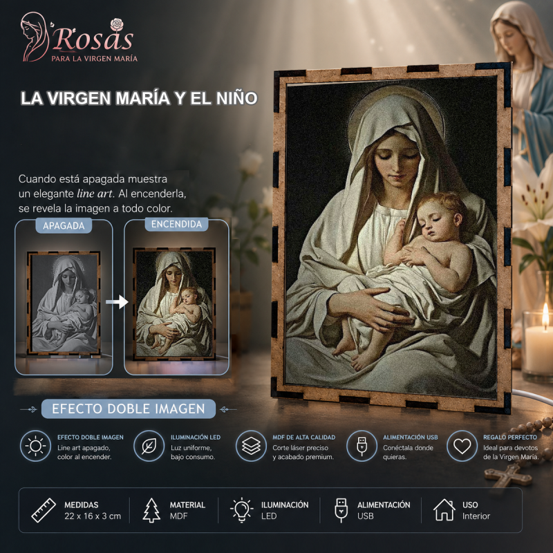 Lámpara LED de la Virgen María sosteniendo al Niño Jesús dormido