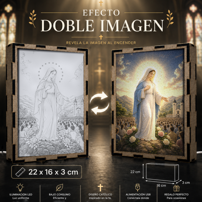 Lámpara LED de la Virgen de Medjugorje Reina de la Paz ante peregrinos y la iglesia