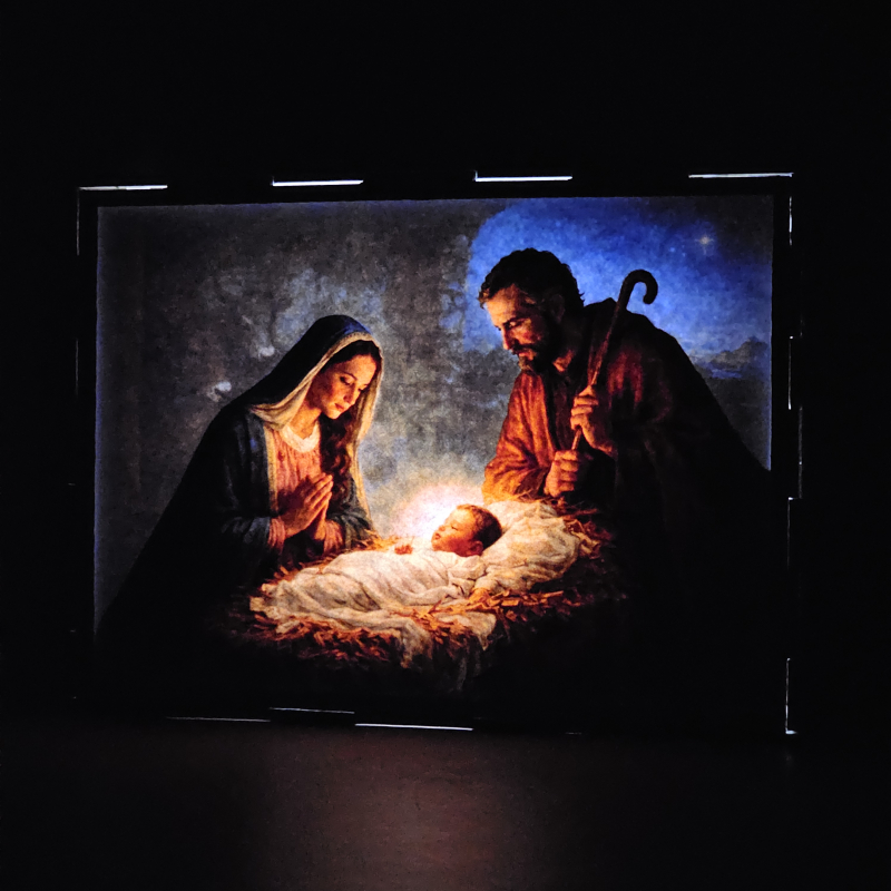 Lámpara con doble imagen el Tercer misterio gosozo El Nacimiento del Hijo de Dios (), vista encendida, donde se revela la ilustración completa al encender la luz LED.