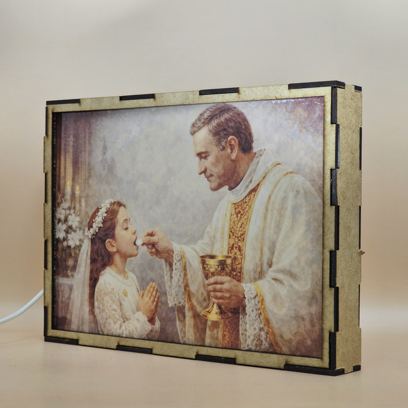 Lámpara con doble imagen  (Nuestro Señor Jesucristo), vista apagada, se esconde la imágen de atras.