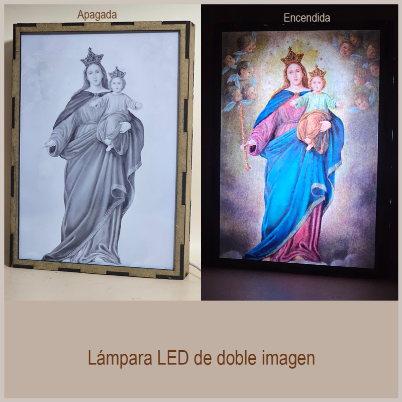 Lámpara con doble imagen  (Virgen María Auxiliadora), vista apagada y encendida, donde se revela la ilustración completa al encender la luz LED.