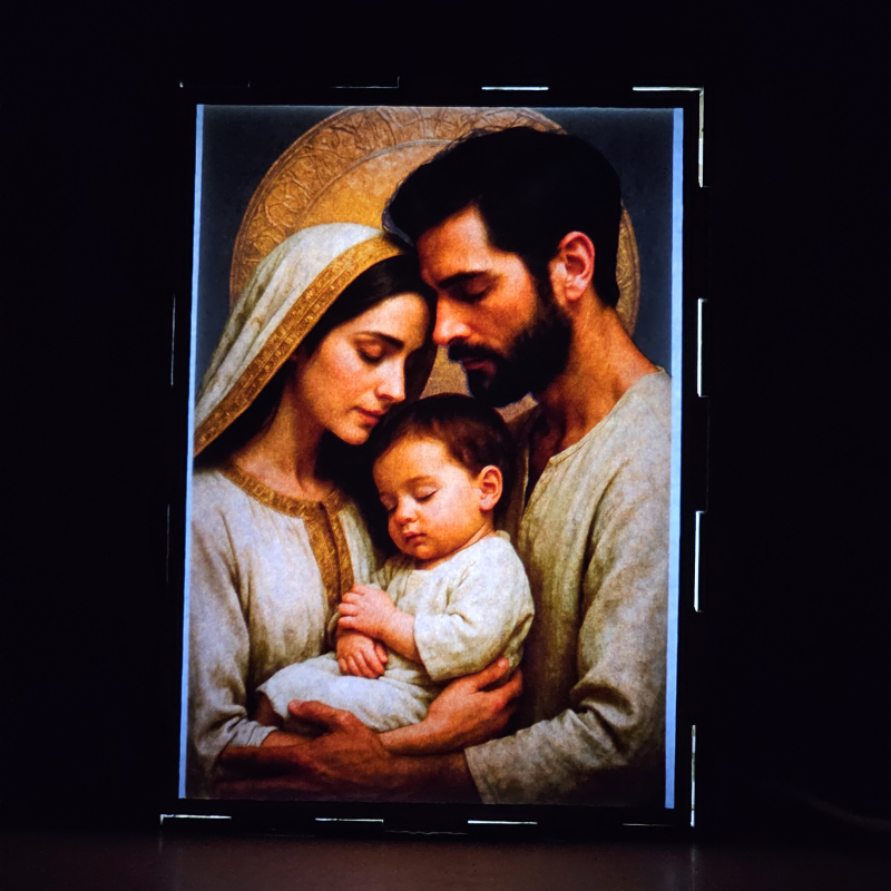 Lámpara con doble imagen  (San José, La Virgen María, El niño Jesús), vista encendida, donde se revela la ilustración completa al encender la luz LED.