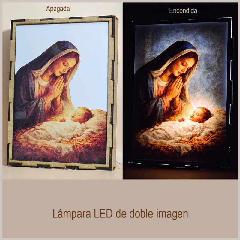 Lámpara con doble imagen  (La Virgen María, El niño Jesús), vista apagada y encendida, donde se revela la ilustración completa al encender la luz LED.