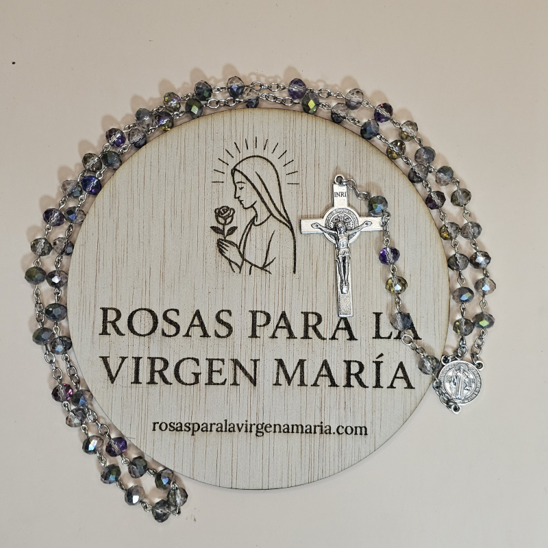 Rosario de cristal gris humo con reflejos iridicentes con Medalla Medalla San Benito y Reverso medalla san Benito, Crucifijo Cristo crucificado, medalla san Benito y medalla san Benito