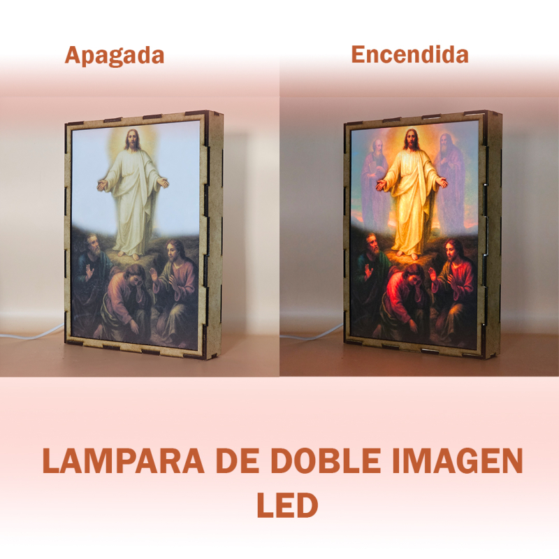 Lámpara con doble imagen el Cuarto misterio luminoso La Transfiguración del Señor (Nuestro Señor Jesucristo, El apostol Juan, El apostol Pedro, El apostol Santiago, El profeta Elías, Moises), vista apagada y encendida, donde se revela la ilustración completa al encender la luz LED.