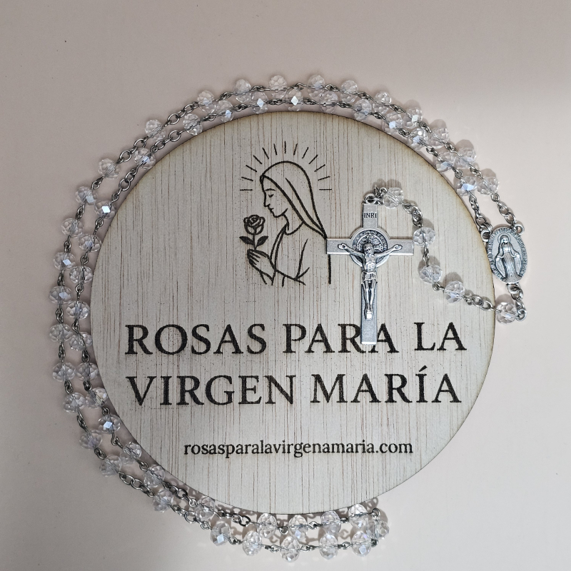 Rosario cristal transparente con Medalla Virgen Milagrosa y Virgen Milagrosa Posterior, Crucifijo Cristo crucificado, medalla san Benito y medalla san Benito