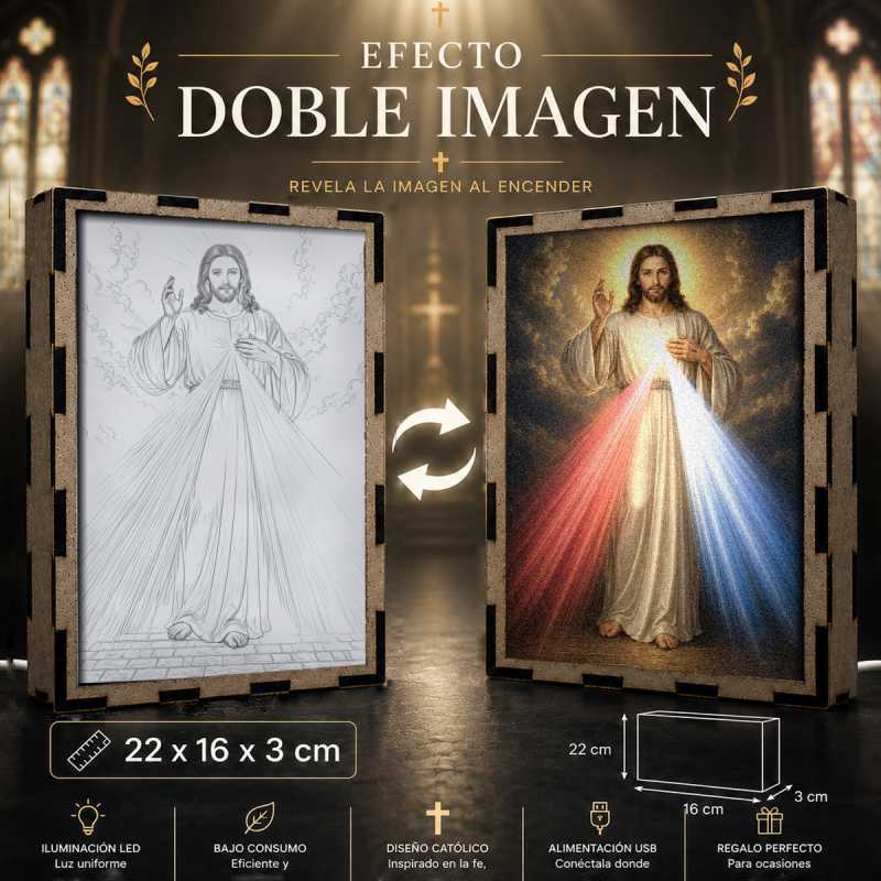 Lámpara LED de Jesús de la Divina Misericordia con rayos rojo y azul