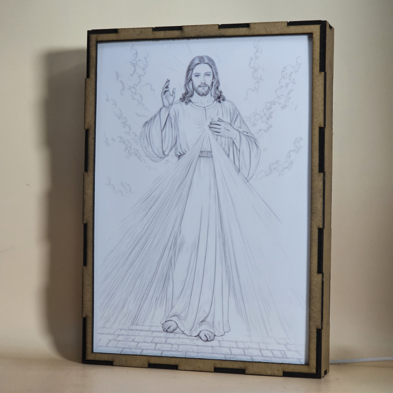 Lámpara LED de Jesús de la Divina Misericordia con rayos rojo y azul - Galeria