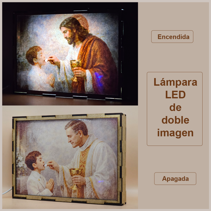 Lámpara con doble imagen  (Nuestro Señor Jesucristo), vista apagada y encendida, donde se revela la ilustración completa al encender la luz LED.