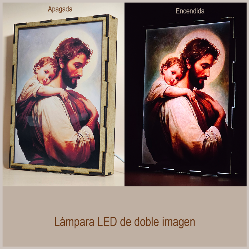 Lámpara con doble imagen  (San José Protector), vista apagada y encendida, donde se revela la ilustración completa al encender la luz LED.