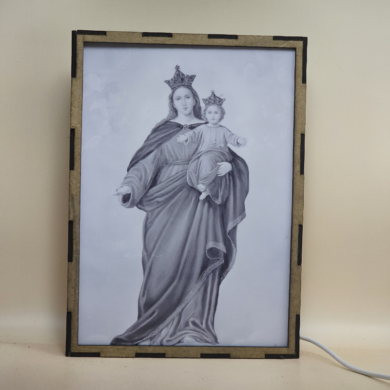 Lámpara con doble imagen  (Virgen María Auxiliadora), vista apagada, se esconde la imágen de atras.