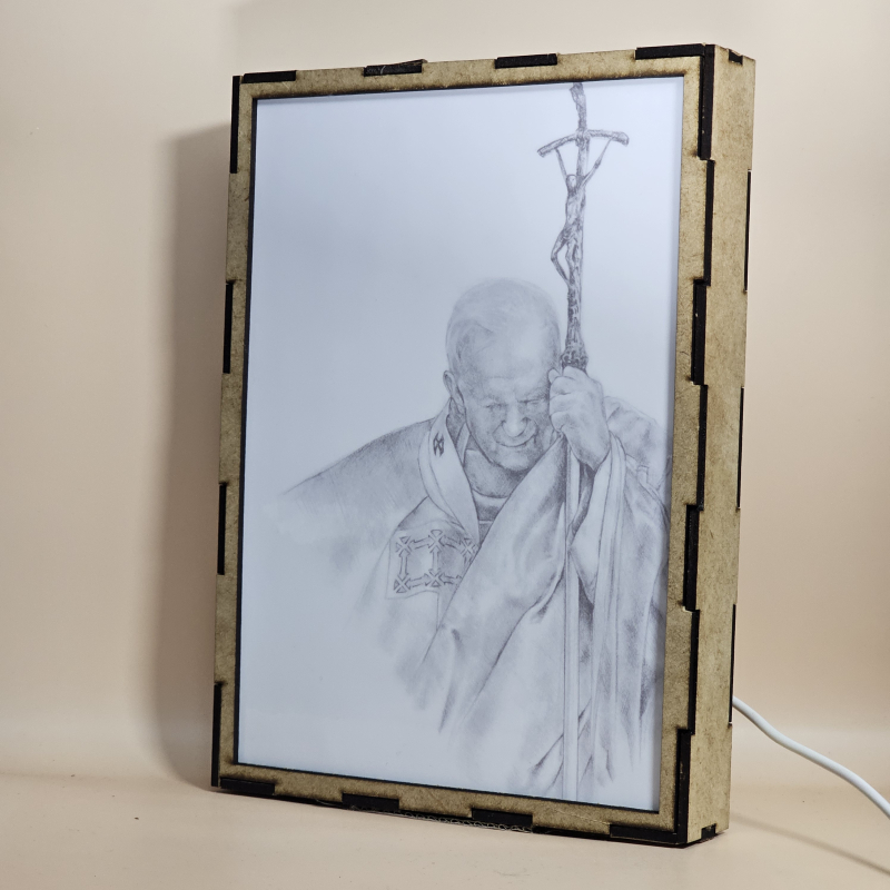 Lámpara con doble imagen  (San Juan Pablo II), vista apagada, se esconde la imágen de atras.