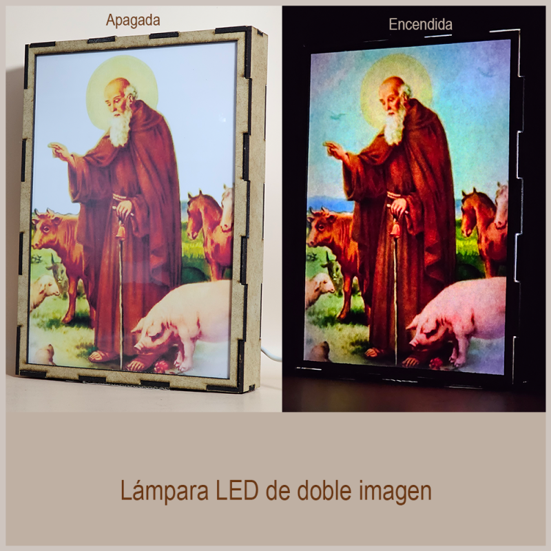 Lámpara con doble imagen  (San Antonio Abad), vista apagada y encendida, donde se revela la ilustración completa al encender la luz LED.