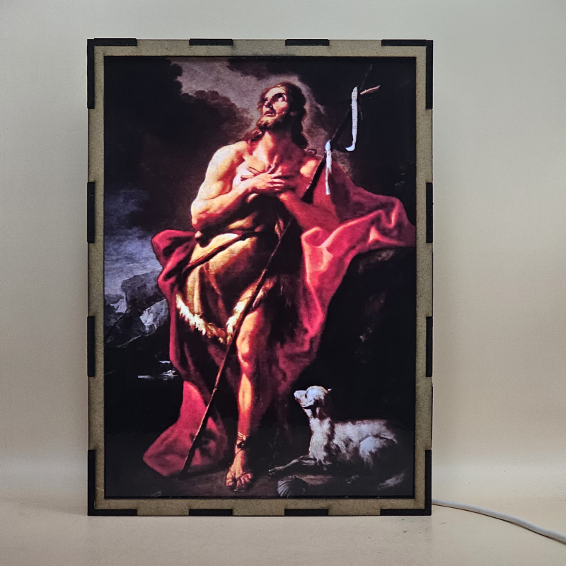Lámpara LED de San Juan Bautista con manto rojo, cruz de caña, concha y cordero - Galeria