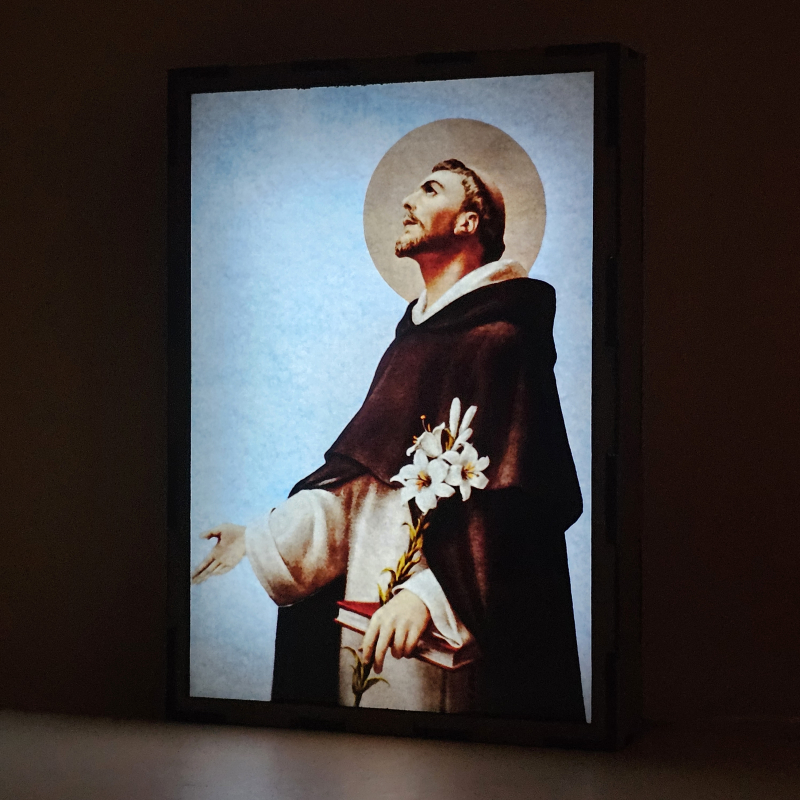 Lámpara LED de Santo Domingo de Guzmán con hábito dominicano, libro y lirios - Galeria