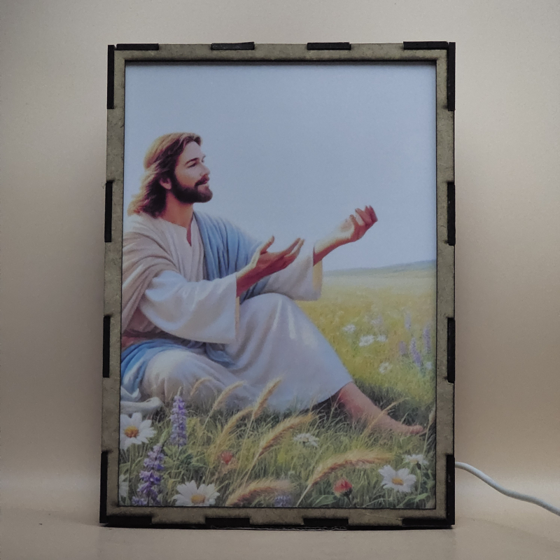 Lámpara con doble imagen  (Nuestro Señor Jesucristo), vista apagada, se esconde la imágen de atras.