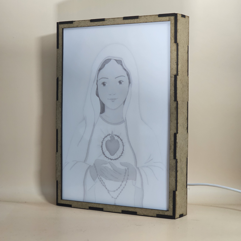 Lámpara con doble imagen  (La Virgen María, Inmaculado Corazon de María), vista apagada, se esconde la imágen de atras.