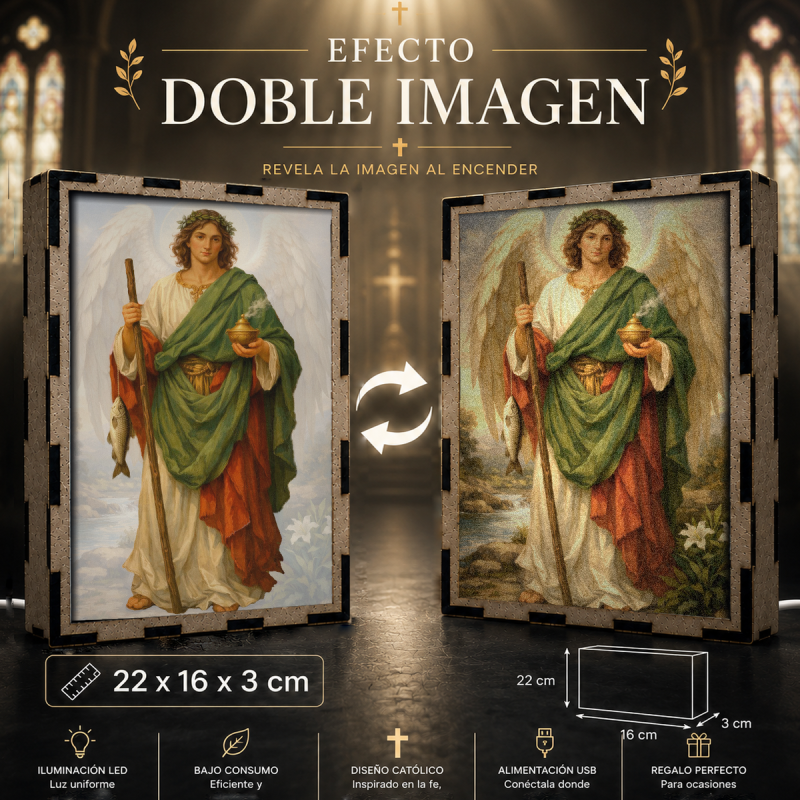 Lámpara LED de San Rafael Arcángel con pez y bastón, efecto doble imagen, USB y diseño católico para hogar, oración o regalo religioso.
