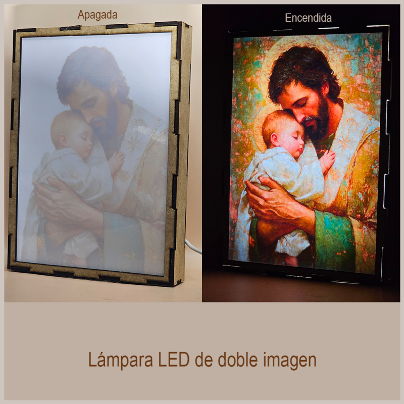 Lámpara con doble imagen  (San José Protector), vista apagada y encendida, donde se revela la ilustración completa al encender la luz LED.