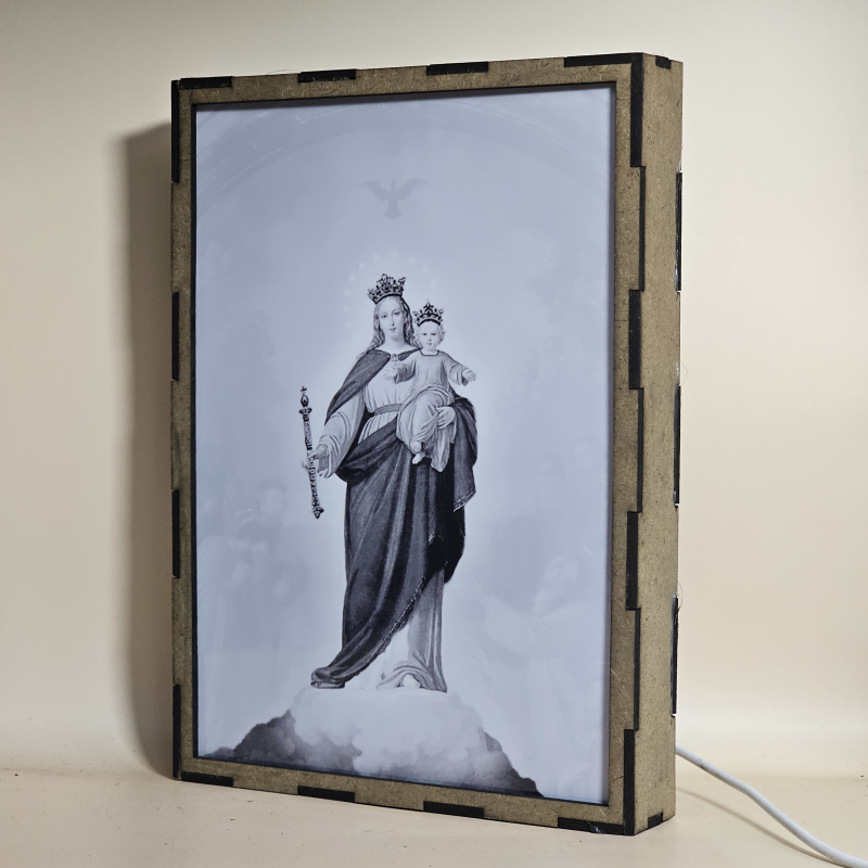 Lámpara con doble imagen  (Virgen María Auxiliadora), vista apagada, se esconde la imágen de atras.