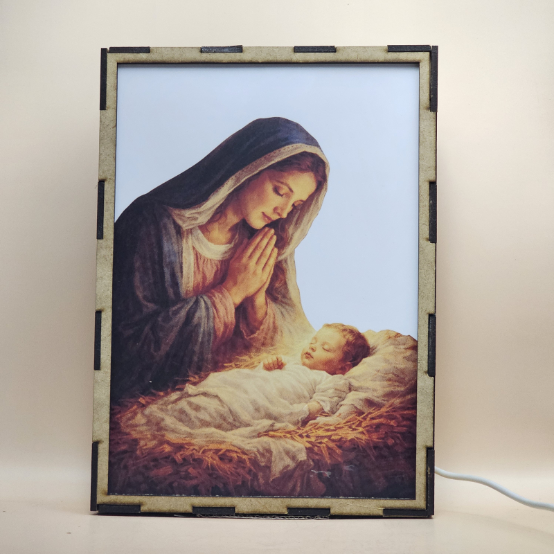 Lámpara con doble imagen  (La Virgen María, El niño Jesús), vista apagada, se esconde la imágen de atras.