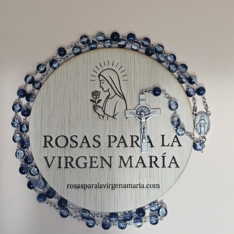 Rosario azul y transparente en honor a la Virgen María con Medalla Virgen Milagrosa y Medalla Milagrosa, Crucifijo Cristo crucificado, medalla san Benito y medalla san Benito