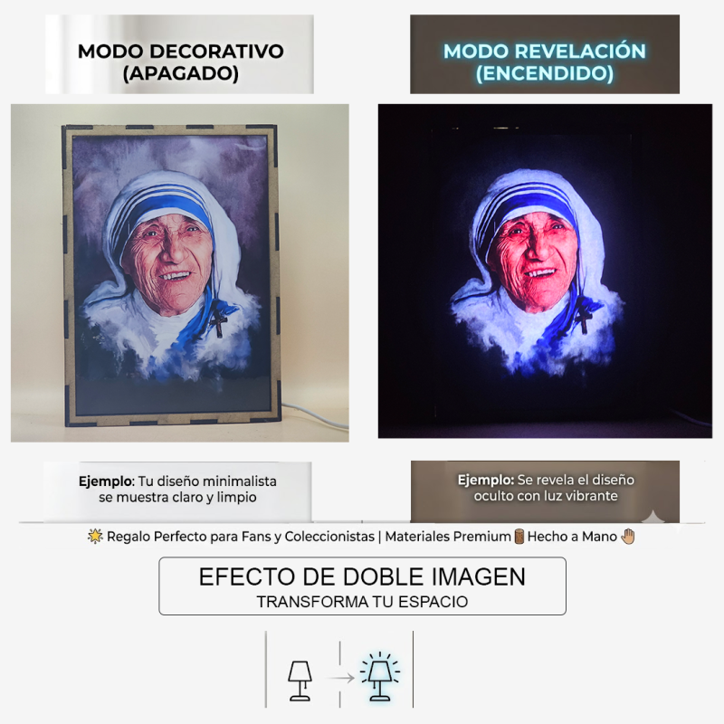 Lámpara con doble imagen  (Santa Teresa de Calcuta), vista apagada y encendida, donde se revela la ilustración completa al encender la luz LED.