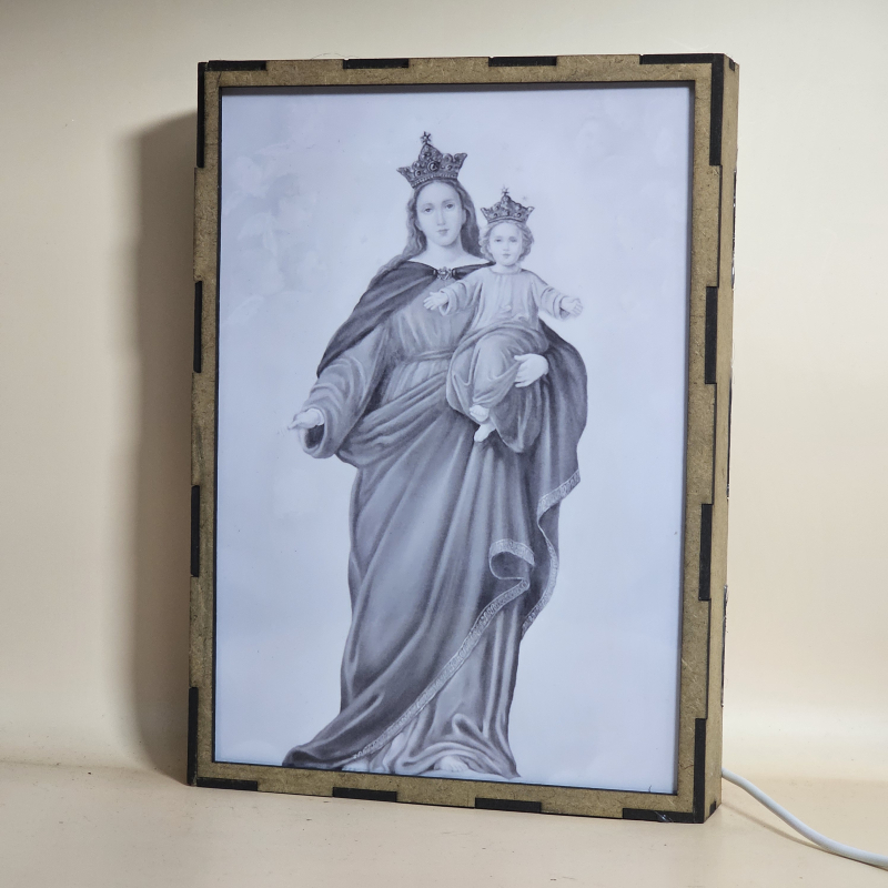 Lámpara con doble imagen  (Virgen María Auxiliadora), vista apagada, se esconde la imágen de atras.