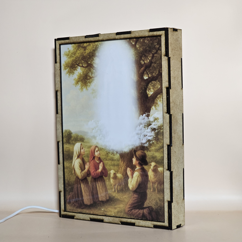Lámpara con doble imagen  (Virgen de Fatima), vista apagada, se esconde la imágen de atras.