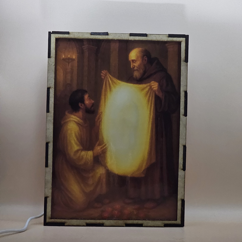 Lámpara con doble imagen  (Virgen de Guadalupe), vista apagada, se esconde la imágen de atras.