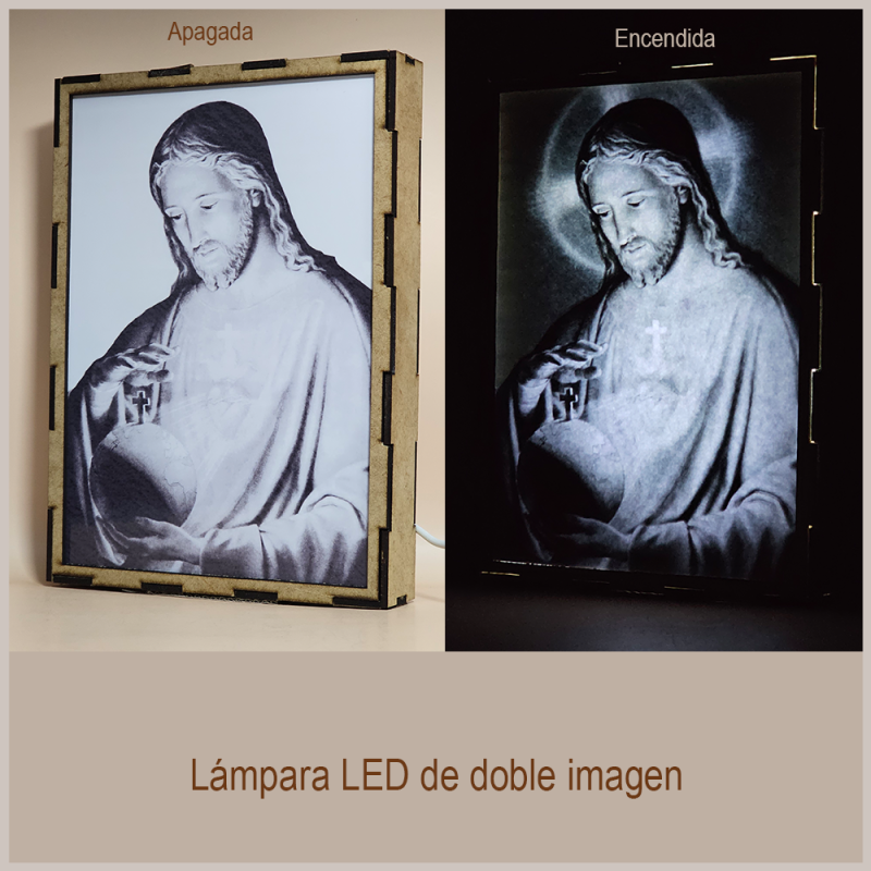 Lámpara con doble imagen  (Sagrado Corazón de Jesús), vista apagada y encendida, donde se revela la ilustración completa al encender la luz LED.