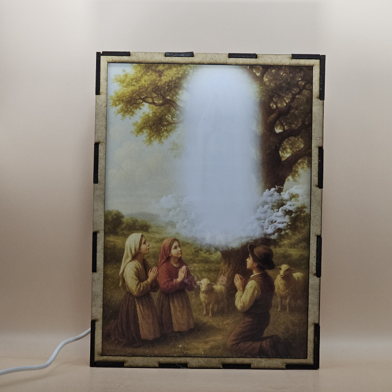 Lámpara con doble imagen  (Virgen de Fatima), vista apagada, se esconde la imágen de atras.