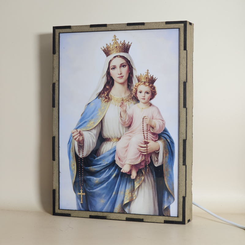 Lámpara con doble imagen  (Virgen del Rosario), vista apagada, se esconde la imágen de atras.