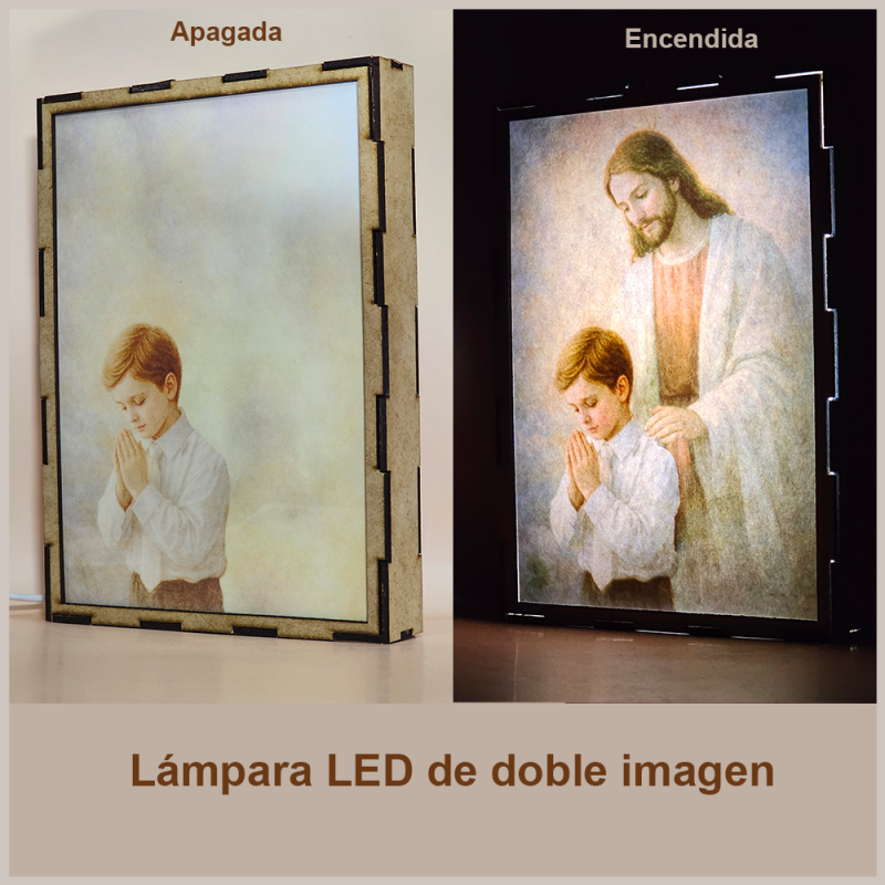 Lámpara con doble imagen  (Nuestro Señor Jesucristo), vista apagada y encendida, donde se revela la ilustración completa al encender la luz LED.