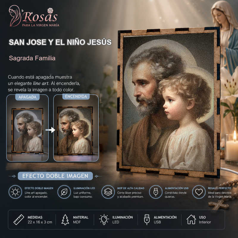 Lámpara LED de San José junto al Niño Jesús con halos luminosos