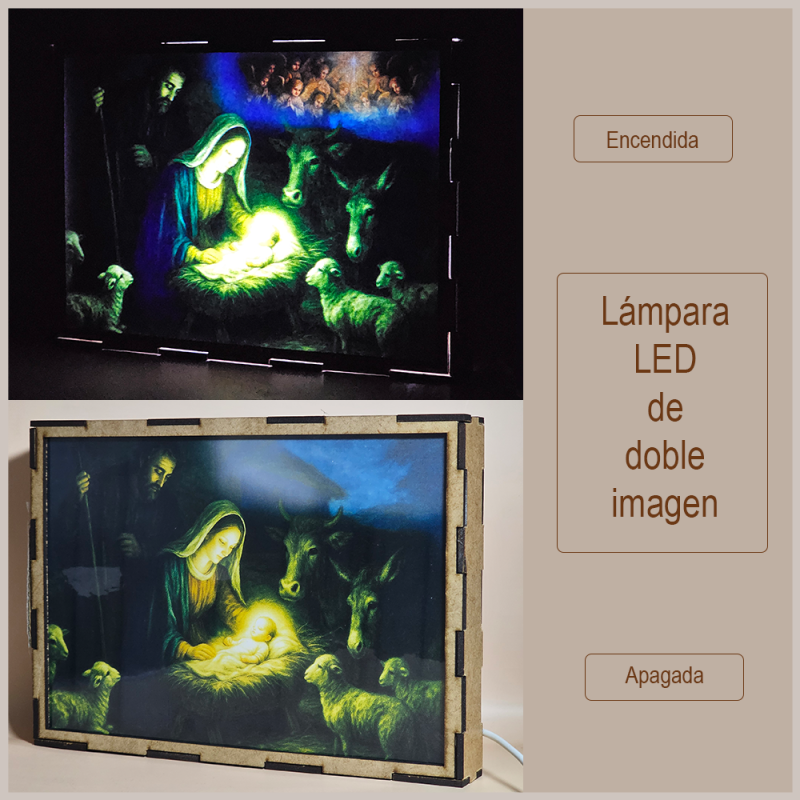 Lámpara con doble imagen el Tercer misterio gosozo El Nacimiento del Hijo de Dios (), vista apagada y encendida, donde se revela la ilustración completa al encender la luz LED.