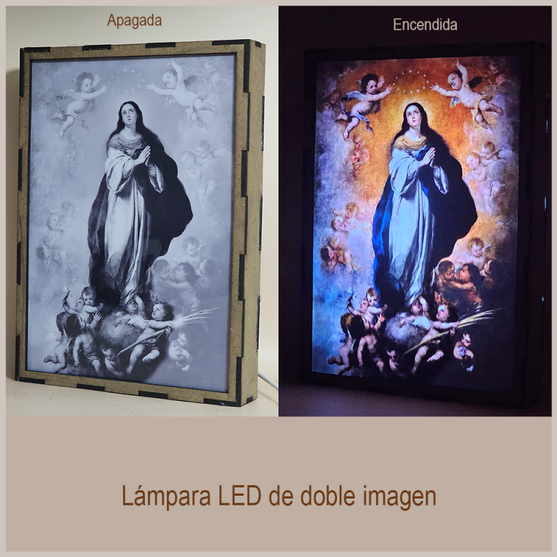 Lámpara con doble imagen  (La Inmaculada Concepción), vista apagada y encendida, donde se revela la ilustración completa al encender la luz LED.