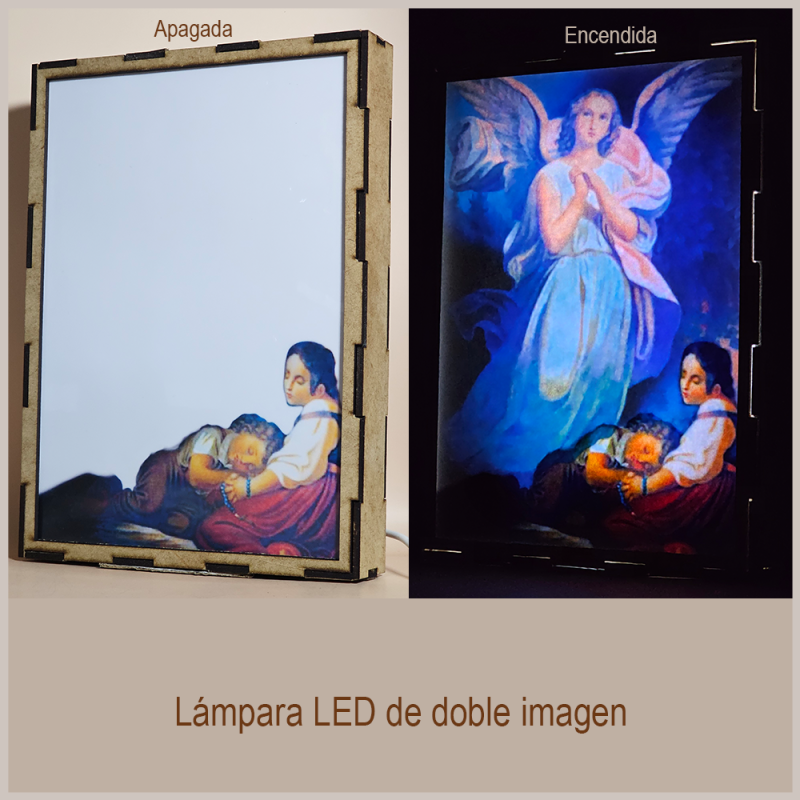 Lámpara con doble imagen  (Ángel de la guarda), vista apagada y encendida, donde se revela la ilustración completa al encender la luz LED.
