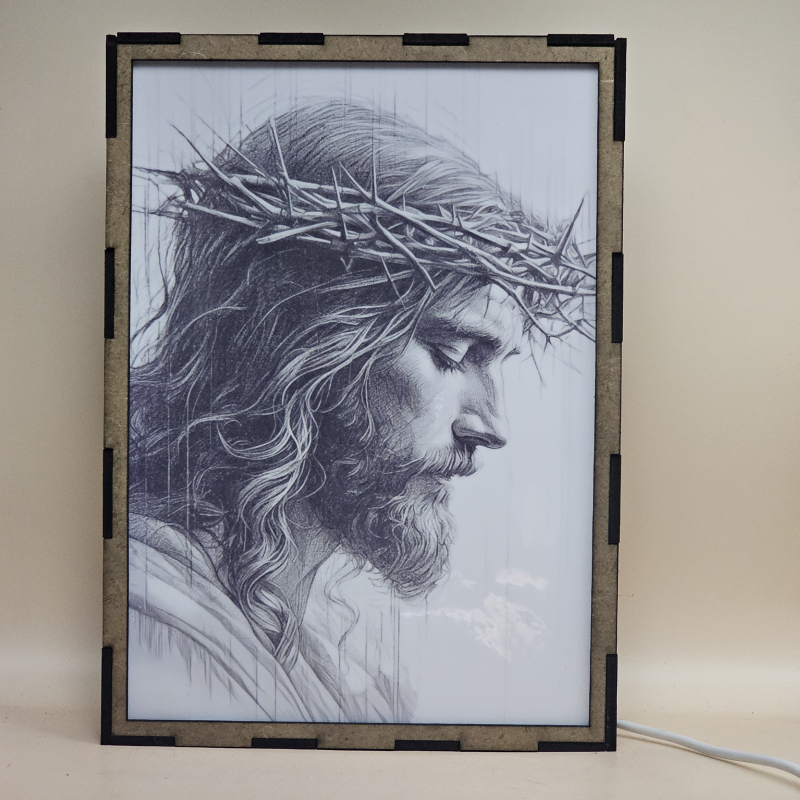 Lámpara con doble imagen el Tercer misterio doloroso La coronación de espinas (Nuestro Señor Jesucristo), vista apagada, se esconde la imágen de atras.