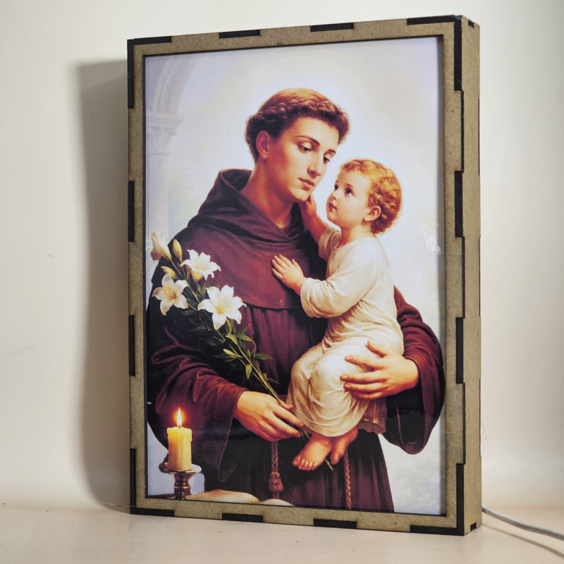 Lámpara LED de San Antonio de Padua con el Niño Jesús y lirios blancos - Apagada