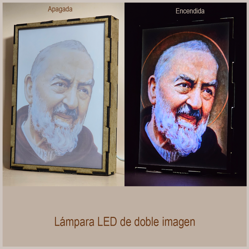 Lámpara con doble imagen  (San Pío de Pietrelcina), vista apagada y encendida, donde se revela la ilustración completa al encender la luz LED.